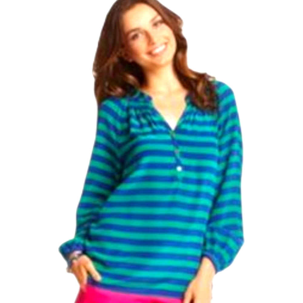 Lilly Pulitzer Elsa 100% Silk Blouse Size XS Navy Green Stripes
